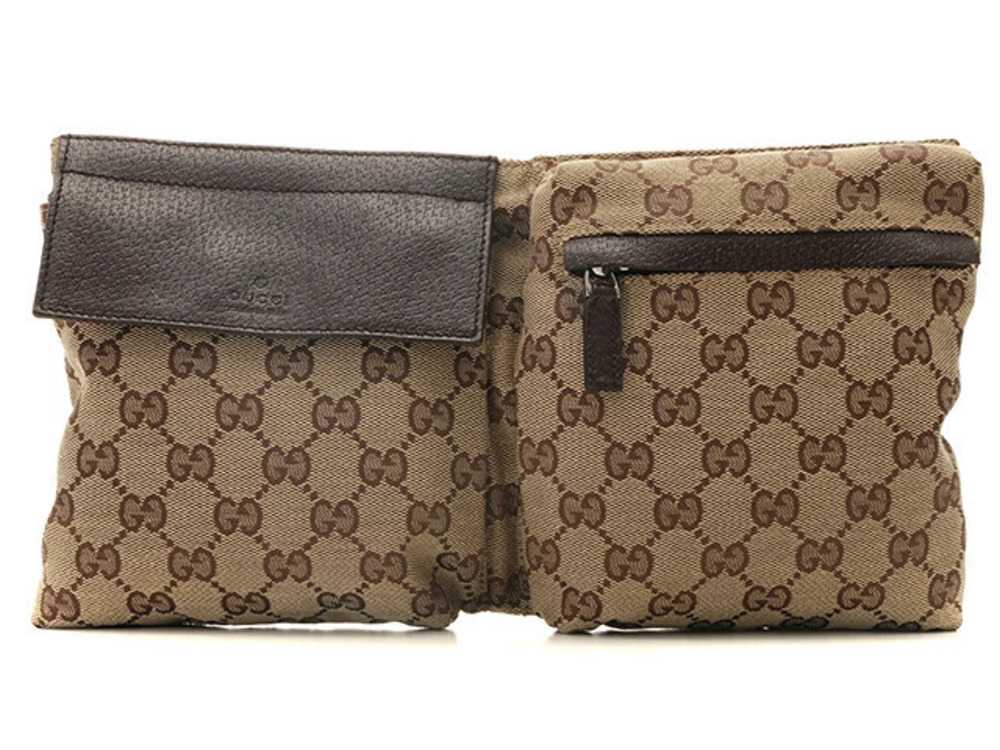 Gucci GG Waist Bag Dark Brown Beige Cream Canvas Leather
